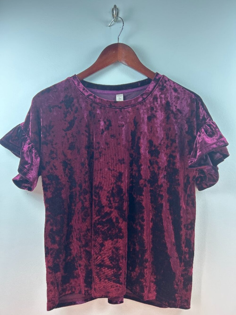 Altar'd State Burgundy Crushed Velvet Ruffle Sleeve Top Size S